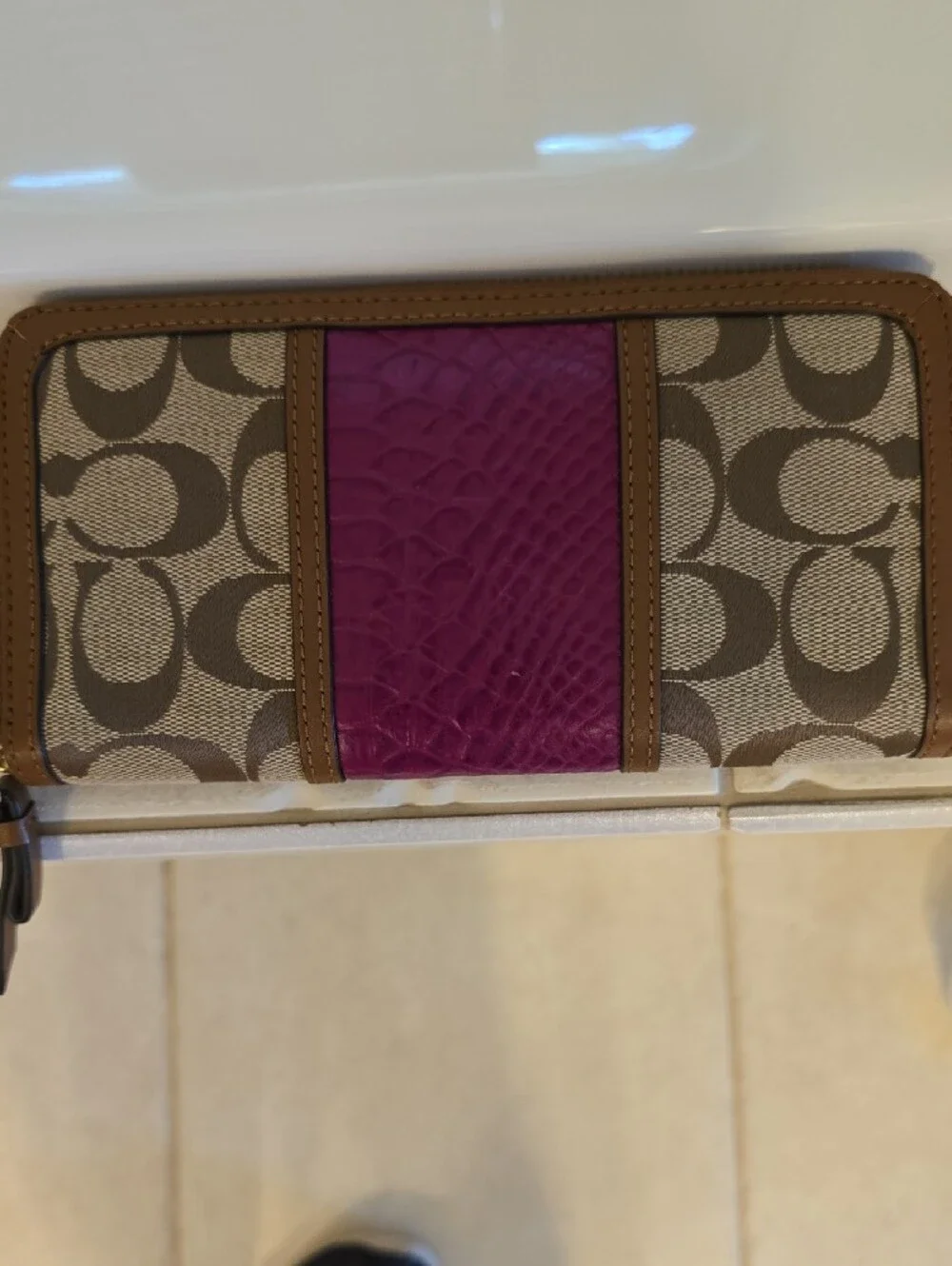Coach Signature Canvas Zip Wallet with Fuchsia Center Panel